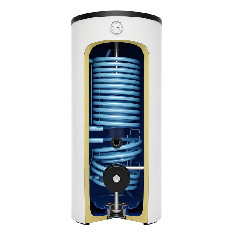 GEMA Shop Sunex Fish S16 Wärmepumpenspeicher mit zwei blauen Wärmetauschern im Schnittmodell