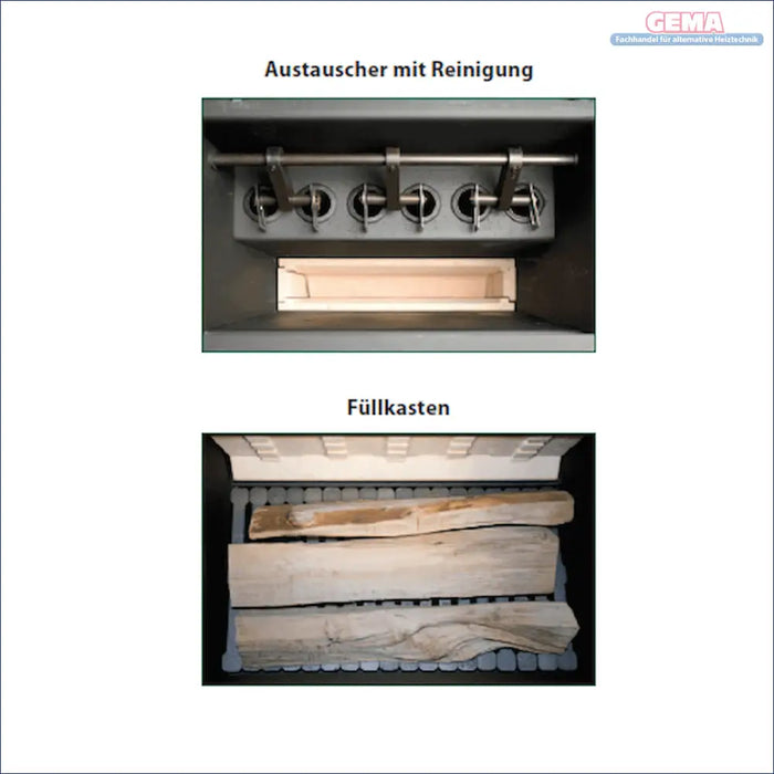Innenansicht eines Holzofen mit Holzvergaser für feste Brennstoffe