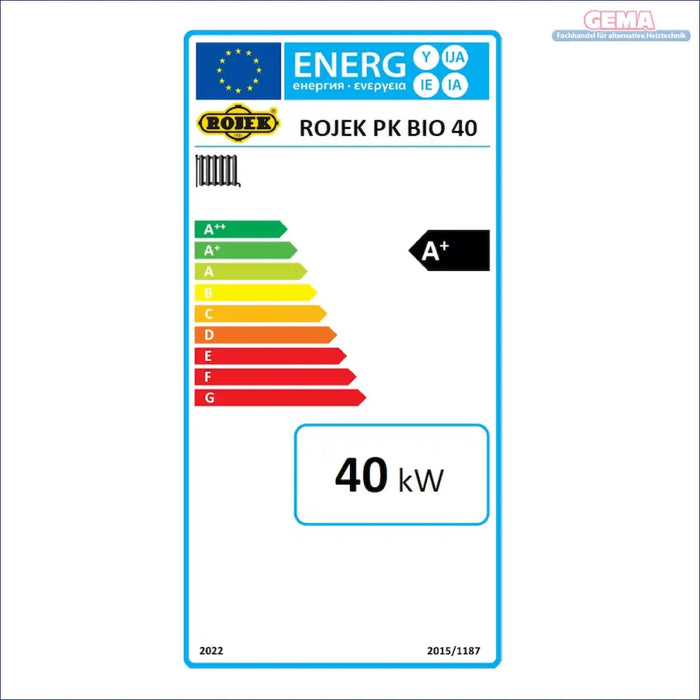 Energieeffizienzlabel für das ROJEK PK BIO 40 Holzvergaser-Brennstoffofen