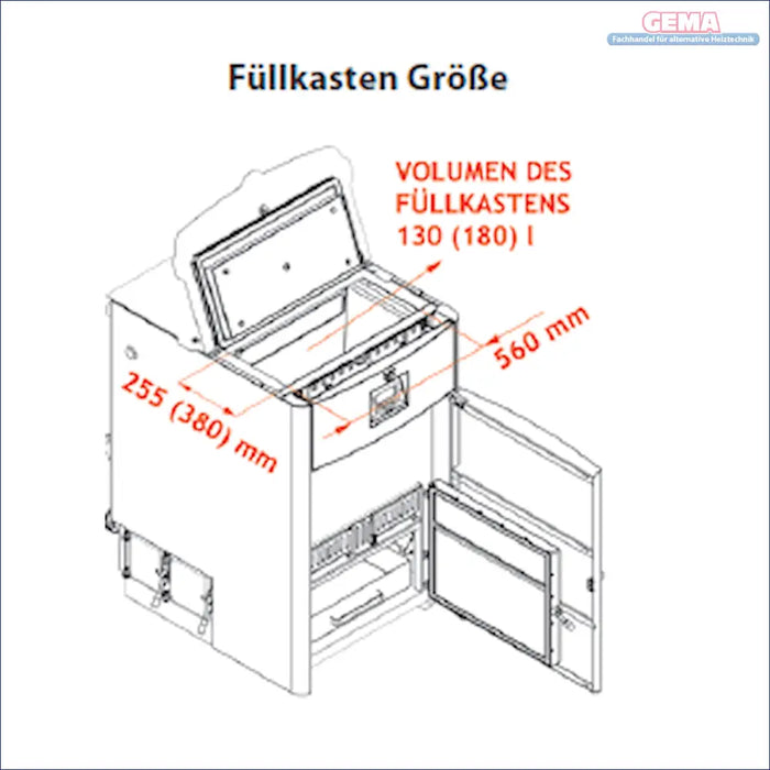 Technische Zeichnung eines Lagerbehälters mit Abmessungen für Holzofen mit Holzvergaser