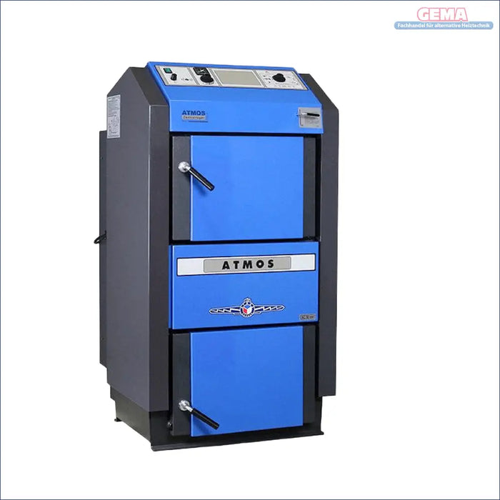 Blauer und grauer Holzvergaser Atmos GSE 40 kW Heizkessel für effiziente Wärmeproduktion