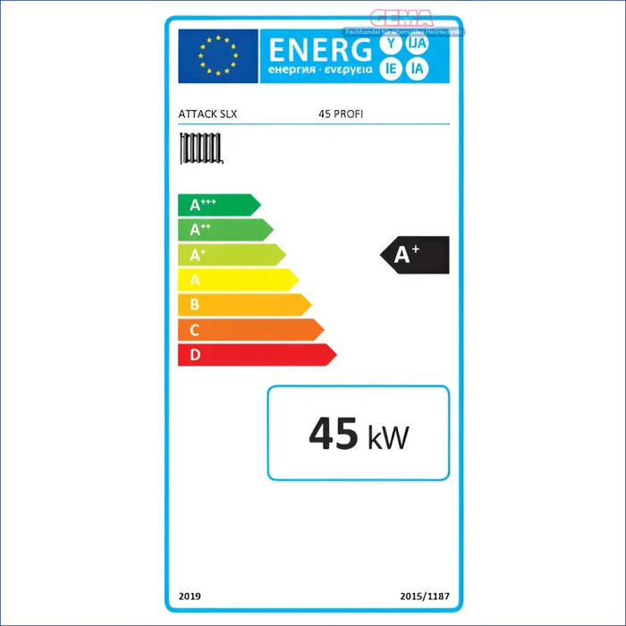 Energieeffizienzlabel für den Holzvergaserkessel Attack SLX Profi in Rot und Schwarz