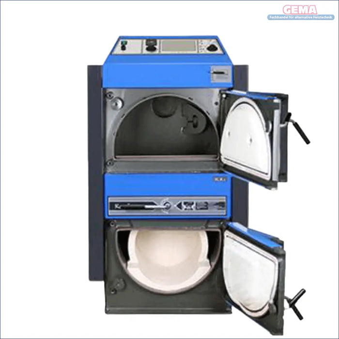 Blaue und graue Zweitür-Oven im Produkt Industriekessel Atmos KC45S mit Holzbrennstoff