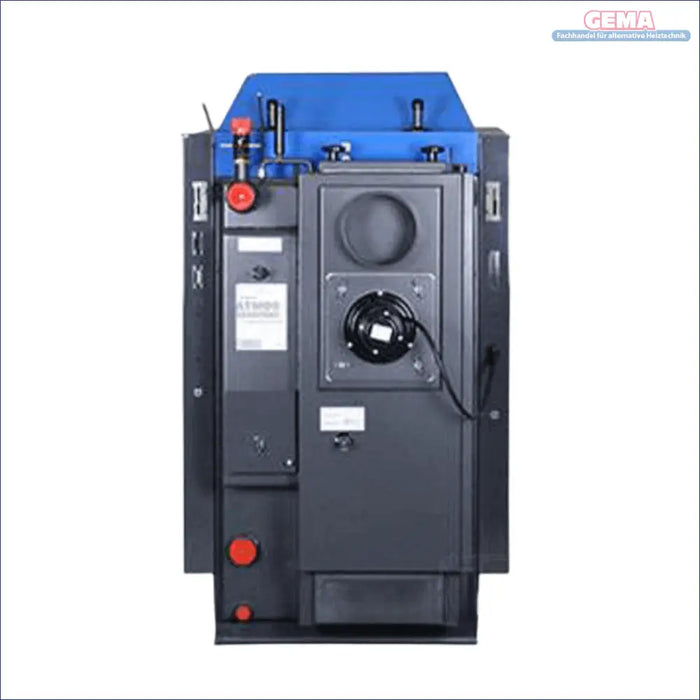 Blaue und graue Industrie-Dampfkessel Atmos KC45S mit Holz- und Kohlevergasung