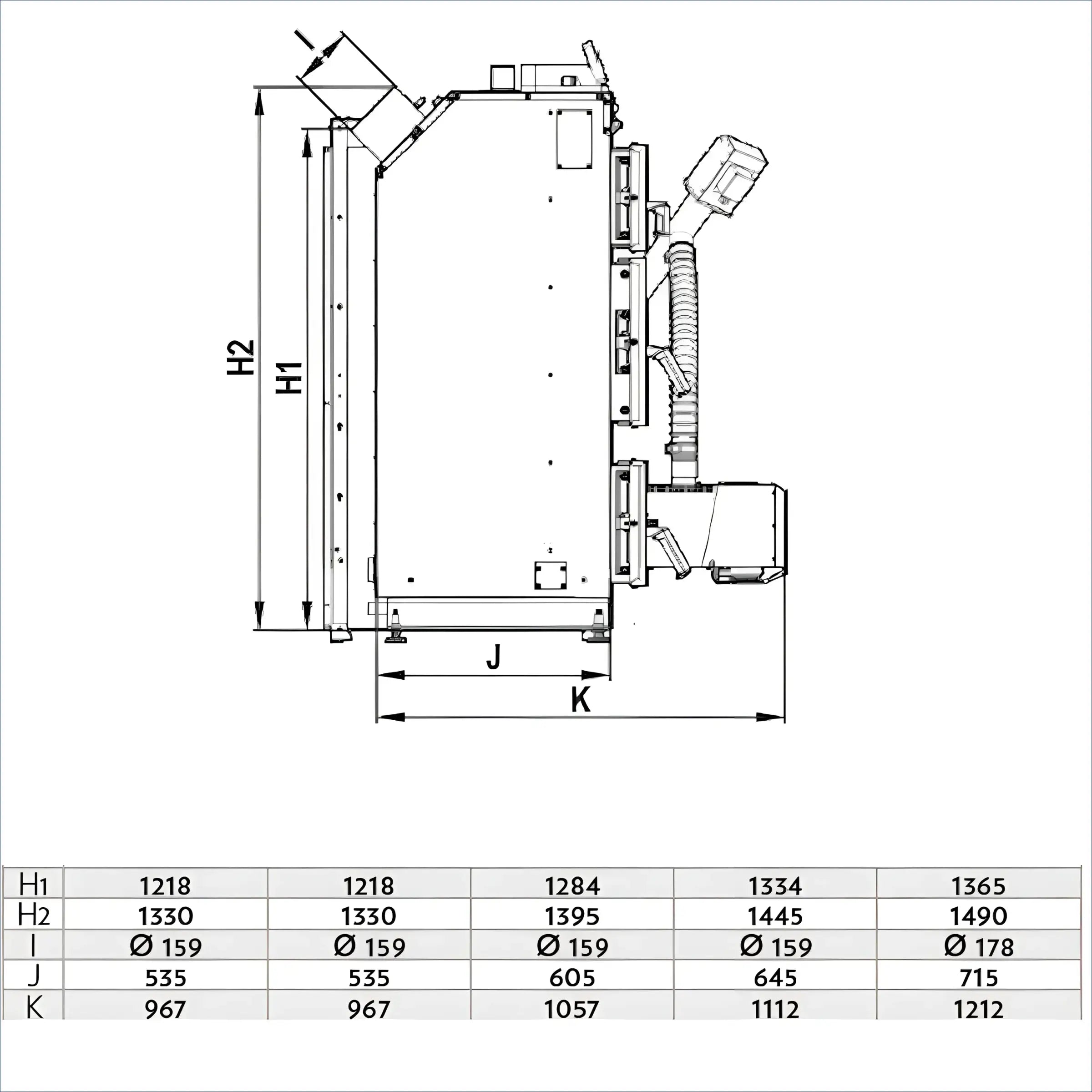 Technisches Diagramm der Kombikessel Defro Komfort Ekopell 25 kW mit Abmessungen
