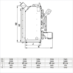 Technisches Diagramm der Kombikessel Defro Komfort Ekopell 25 kW mit Abmessungen