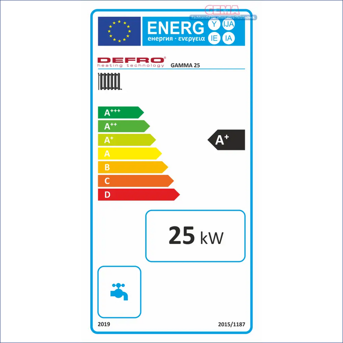 Energieeffizienzlabel für Pelletheizung Defro Gamma Heizkessel im Haus