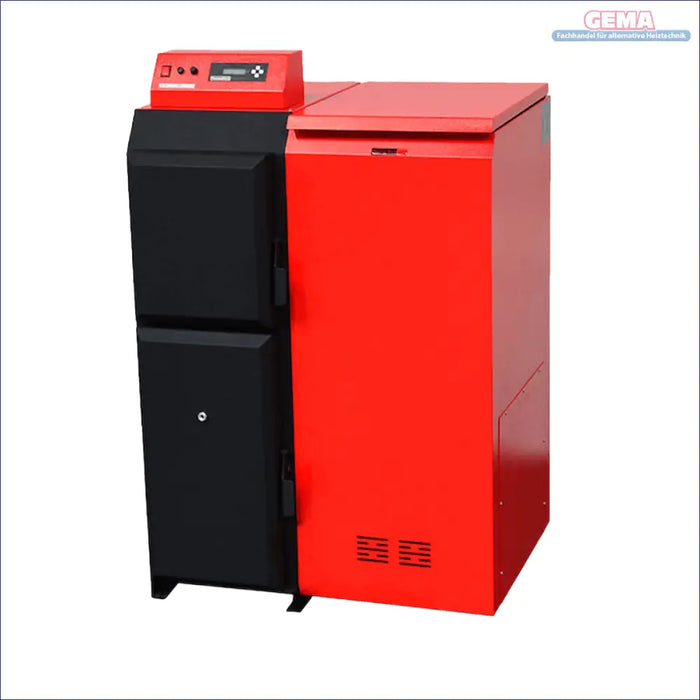 Rot und schwarzer Heizkessel aus Metall im Pelletheizung Komplettpaket mit Thermoflux Pelling ECO 25
