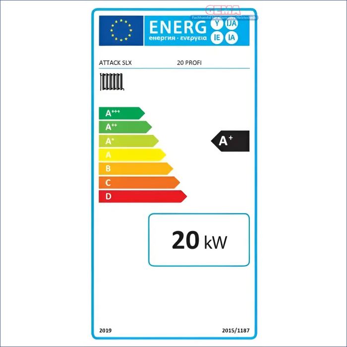 Energieeffizienz-Label an Rot-schwarzem Holzvergaserkessel für nachhaltige Heizsysteme