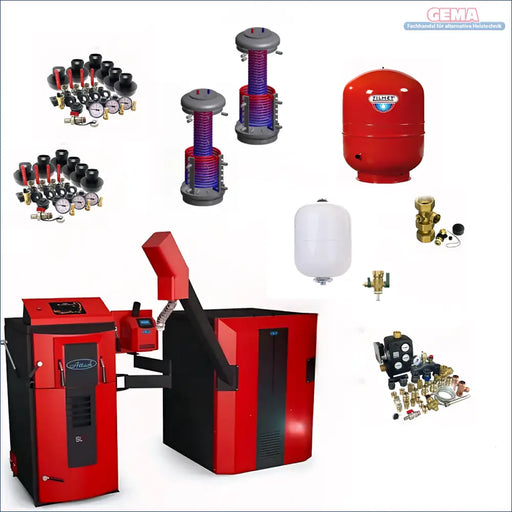 Heizungssystemkomponenten des Rot-Schwarzes Pelletskesselsystems mit Attack SLX Kombikessel