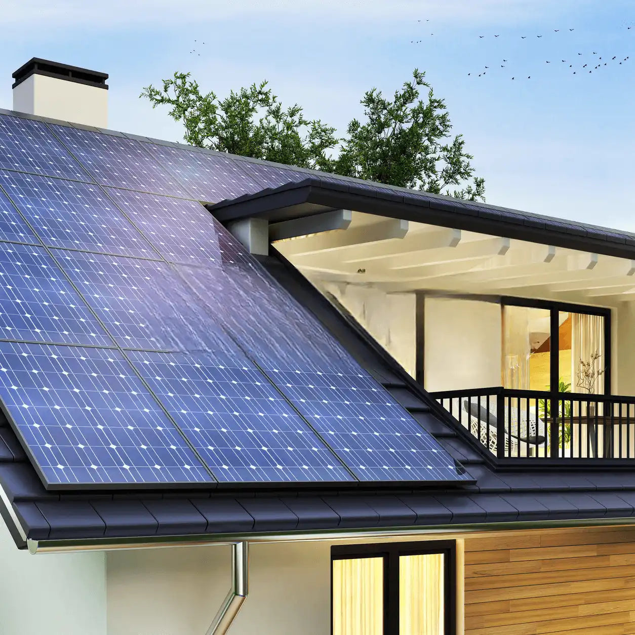 Solarmodule auf dem Dach eines modernen Hauses.