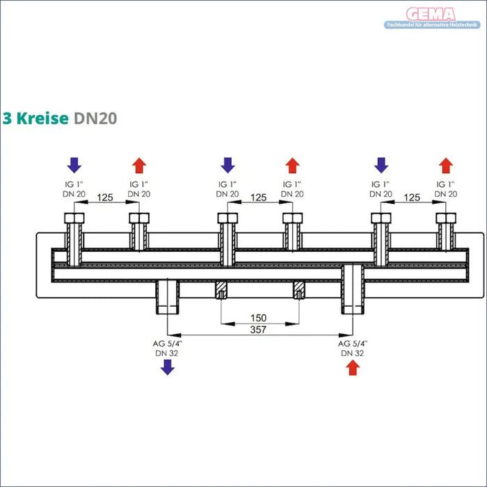 Technische Zeichnung eines Sunex Heizkreisverteilers mit Maßen und Flussrichtung