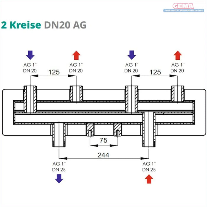 Technische Zeichnung eines Sunex Heizkreisverteilers, detailreiche Darstellung einer Mannigfaltigkeit