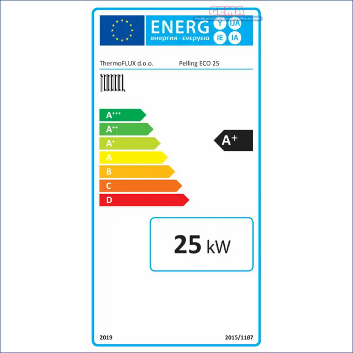 Energyeffizienz-Label auf Thermoflux Pelling 25 ECO Pelletkessel für nachhaltige Heizung