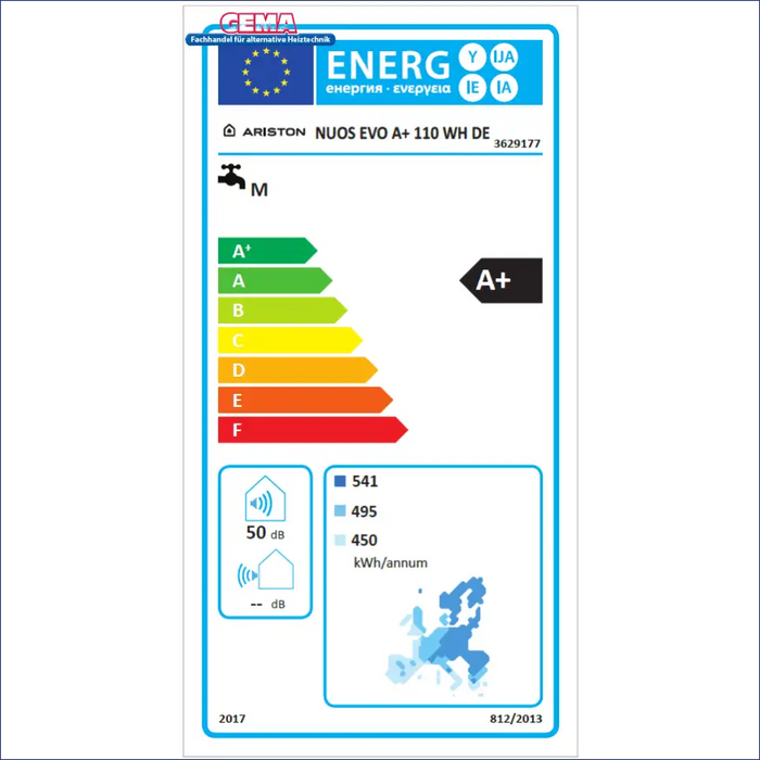Energieeffizienzlabel der Ariston NUOS EVO A+ Wärmepumpe mit A+ Bewertung und jährlichen Verbrauchswerten 🔋🌍