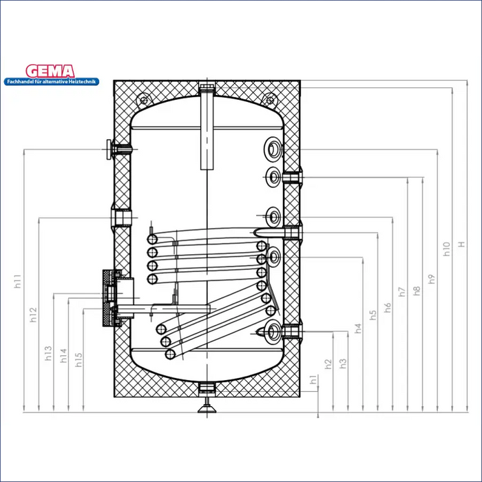 Technische Zeichnung des Warmwasserspeichers Fish S1 X, mit detaillierten Maßen und Anschlussoptionen. 🔧💧