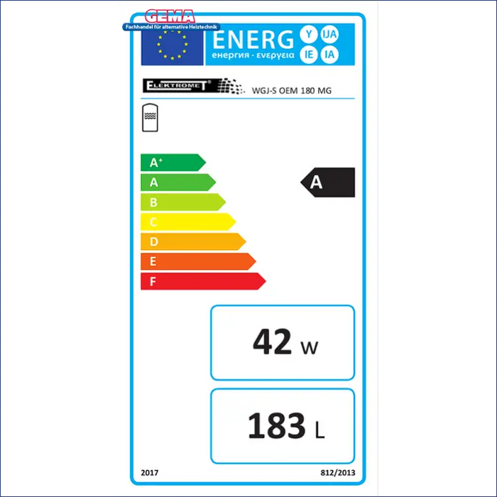 Energieeffizienzlabel für Warmwasserspeicher: A+, 42 W Verbrauch, 183 L Volumen. Ideal für effiziente Warmwasserbereitung 💧⚡