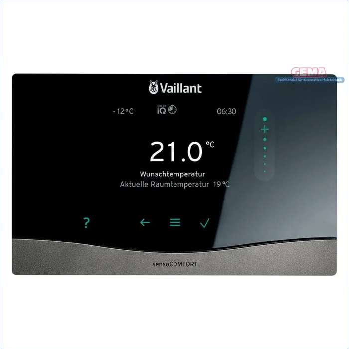 Weißes Wandheizeinheit mit Vaillant sensoCOMFORT Thermostat für effiziente Heizungsregelung