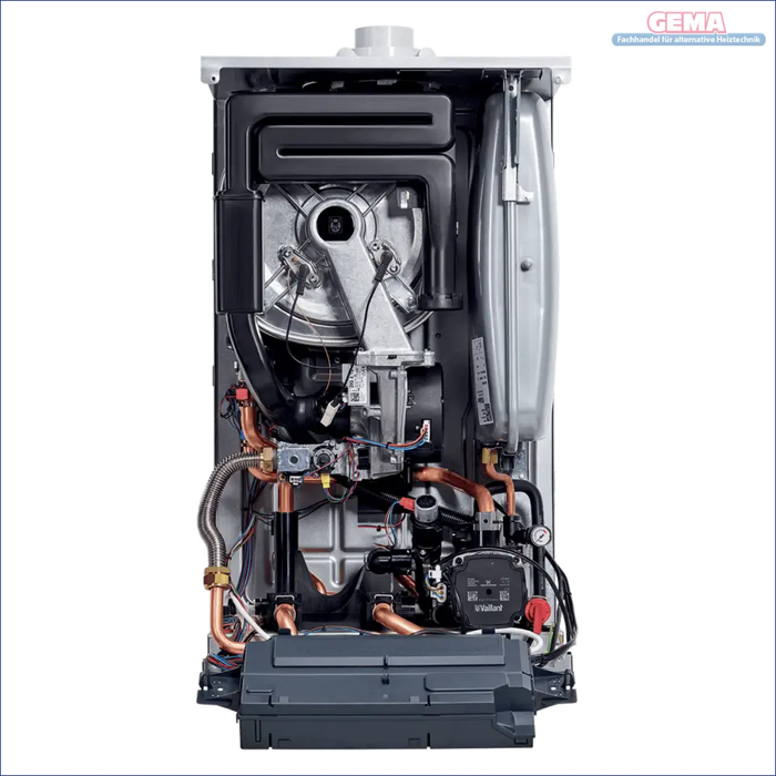 Offener Gasboiler an weißer Wandheizeinheit mit Vaillant ecoTEC plus Gastherme
